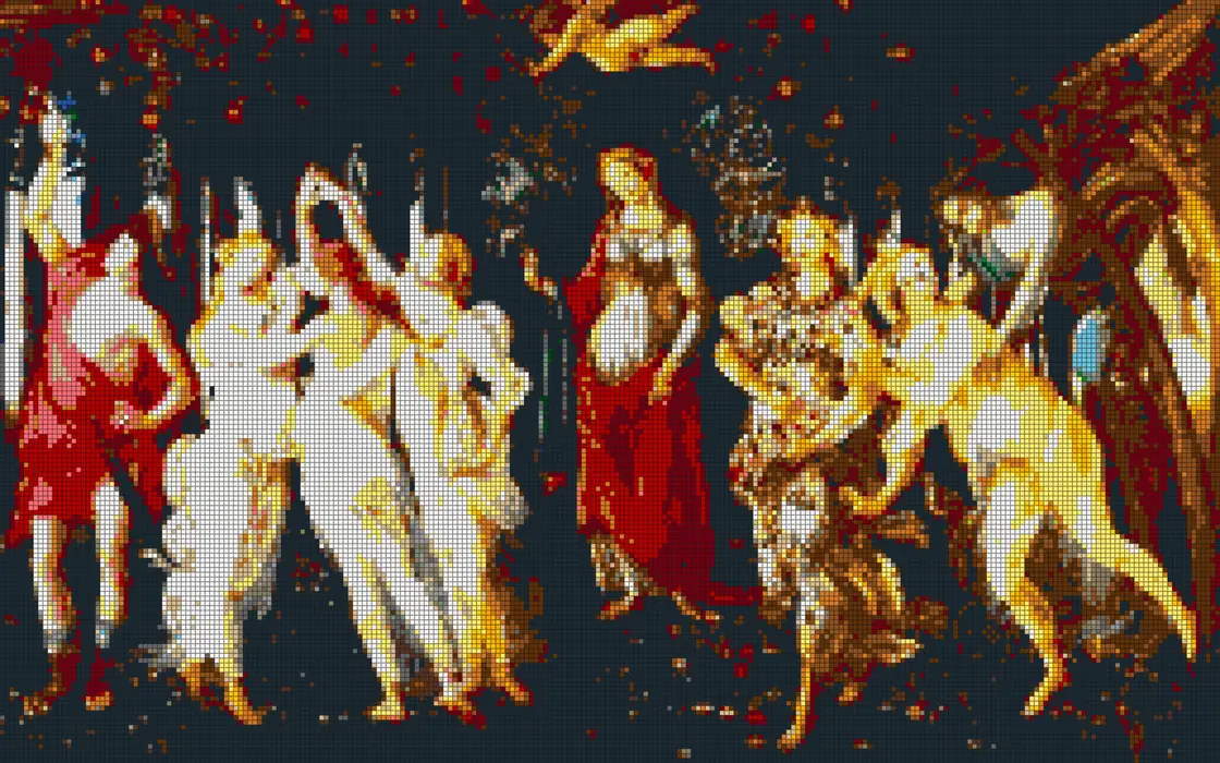 A LEGO brick mosaic of mythological figures in a garden, in the style of Botticelli's Primavera.