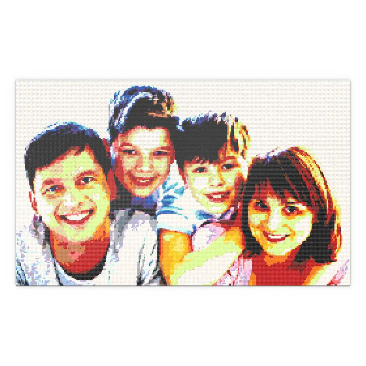 A four-person family portrait rendered in bright LEGO studs on a white brick canvas.